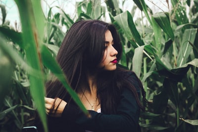 女人穿着黑色长袖上衣在白天的玉米田
